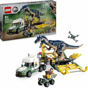 Set LEGO Jurassic World con camion, dinosauro Allosauro e minifigure per avventure emozionanti. 