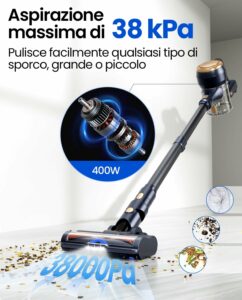 Proscenic P11 Lite, aspirapolvere senza fili ideale per pavimenti, tappeti e peli di animali, con sistema antigroviglio e grande potenza aspirante.