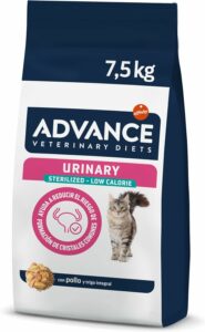 Cibo Advance Veterinary Diets per gatti sterilizzati con problemi urinari, formato da 7,5kg, con vantaggi per peso e salute urinaria.