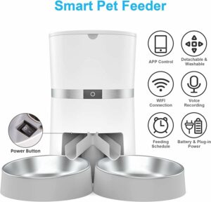 Distributore automatico di cibo WellToBe per due gatti, con WiFi, App, timer e registrazione sonora per una gestione smart dei pasti.  