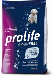 Prolife Grain Free Sensitive Puppy Medium/Large, alimento per cuccioli con formula grain-free alla sogliola e patate.