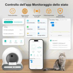 Lettiera autopulente DOEL 65L per gatti con tripla protezione, vassoio automatico e app per monitoraggio salute.