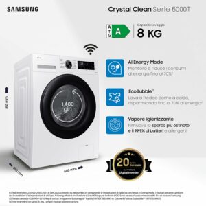 Samsung Lavatrice Crystal Clean WW80CGC04DAEET con tecnologia Ecobubble, capacità 8 Kg, Wi-Fi integrato e igienizzazione a vapore.