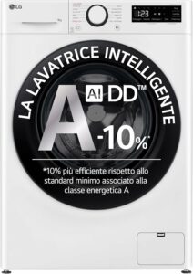 LG AI DD F4R3009NSWB Lavatrice, 9 kg, classe A, con tecnologia AIWash e sconto del 10%.