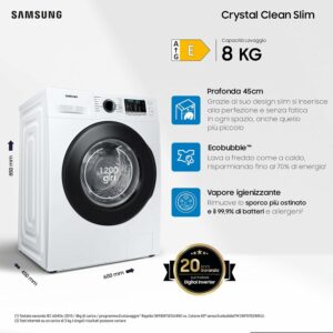 Samsung Lavatrice Crystal Clean WW80AGAS21AEET con Ecobubble e funzione vapore per una pulizia profonda e igienizzante.