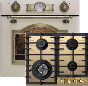 Set da cucina a gas Kaiser Empire avorio con forno da incasso e piano cottura in vetroceramica, ideale per ogni cucina moderna