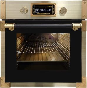 Forno Elettrico Kaiser EH 6427 AD da incasso con pirolisi, pietra per pizza e griglia a infrarossi in vetro nero.