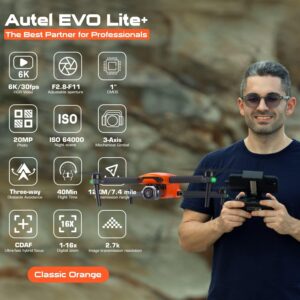 Drone Autel EVO Lite+ Standard Orange con fotocamera da 50 MP, ideale per foto e video 4K di alta qualità