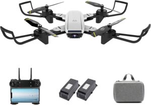 Droni 1080P UHD Camera, con motore brushless e GPS, in volo sopra paesaggio.