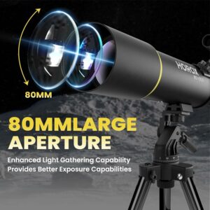 Telescopio rifrattore con apertura 80 mm, treppiede professionale, adattatore per telefono, e zaino portatile  