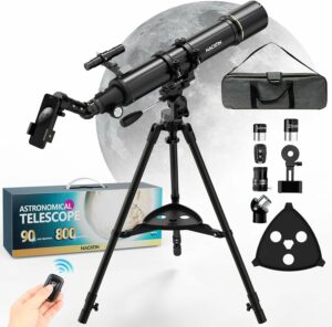 Telescopio refrattore 90mm con montatura AZ, treppiede inox e adattatore per telefono, ideale per l'osservazione della Luna e dei pianeti.