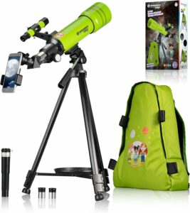 Bresser Telescopio Junior 70/400 per bambini, ideale per l'astronomia e l'osservazione del cielo notturno, completo di zaino e supporto per smartphone, colore verde.