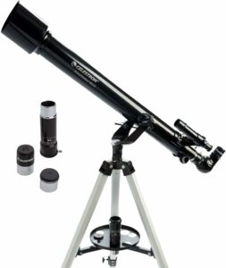 Celestron 21041 PowerSeeker 60AZ Telescopio montato su un treppiede, ideale per osservazioni astronomiche amatoriali.