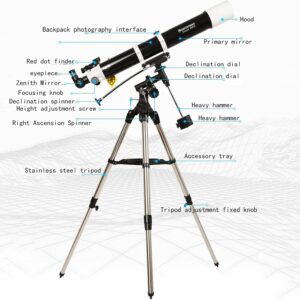 Telescopio astronomico professionale con treppiede su sfondo stellato