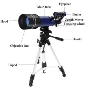 Telescopio Comodo Astronomico 70 mm con treppiede e filtri lunari in azione