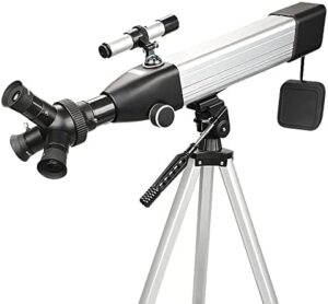 Telescopio Ultra HD con montatura AZ 500 mm e ottica multistrato su sfondo stellato