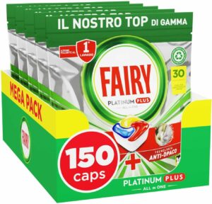 Fairy Platinum Detersivo Pastiglie Lavastoviglie Plus in confezione da 150 capsule al limone, ideale per una pulizia profonda e brillante.