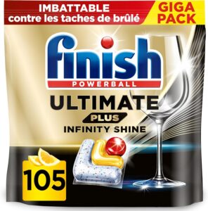 Finish Ultimate Plus Infinity Shine Pastiglie Lavastoviglie Limone 105 Tabs Bulk Buy in una confezione da 105 pastiglie, ideale per una pulizia profonda e brillantezza dei piatti.