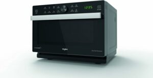 Forno a microonde Whirlpool MWP 337 SB in nero e argento, con grill integrato, accessori inclusi come double steamer, griglia alta e piatto Crisp con maniglia.  