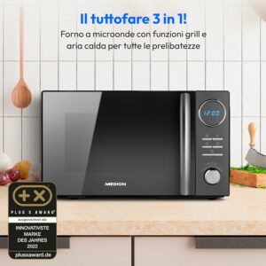 Microonde MEDION 3 in 1 con funzione grill e aria calda, ideale per cottura e riscaldamento rapido.