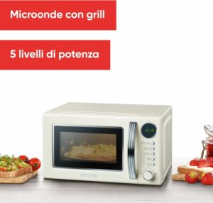 Severin MW 7892 microonde retrò crema con grill 1000W, ideale per riscaldare, cucinare e grigliare piatti.