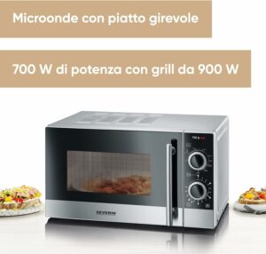 Forno microonde Severin MW 7874 con potenza grill 900 W e design elegante in argento, perfetto per ogni cucina.