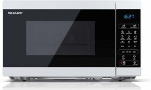 Microonde Sharp YC-MG02E-W 20L 800W in blu e bianco, perfetto per cucina compatta e funzionale