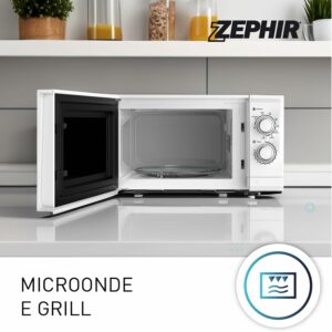 Forno a microonde combinato con grill Zephir da 25 litri, con piatto rotante in vetro, 1400W di potenza e 5 livelli di potenza, colore bianco