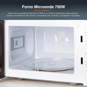 Fornetto Microonde Multifunzione 700W con timer, piatto girevole e 5 livelli di potenza, ideale per famiglie