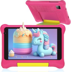 Tablet per bambini 7 pollici Android 12 con custodia protettiva, doppia fotocamera e modalità di controllo parentale.