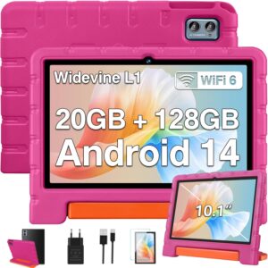 ZIOVO Tablet 10 Pollici Android 14 in colorazione rosa, perfetto per bambini, con display ampio e custodia EVA protettiva