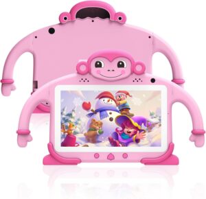 Tablet per bambini Android 7 pollici con custodia protettiva e schermo luminoso, perfetto per l'apprendimento e l'intrattenimento.