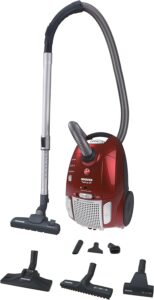 Hoover TE70_75 Traino con Sacco Telios Plus in colore rosso, con sacco da 3,5 litri e 700 watt di potenza, perfetto per pulizie silenziose ed efficienti.