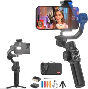 Zhiyun Smooth-5S AI Pro con stabilizzazione a 3 assi, treppiede e luci di riempimento per video stabili e di alta qualità.