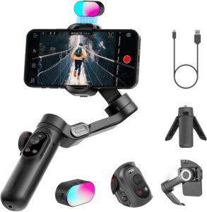 Stabilizzatore gimbal per smartphone AOCHUAN Smart XPro con luce LED, schermo OLED, controllo dei gesti e ricarica magnetica.