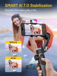 Stabilizzatore gimbal per smartphone AOCHUAN Smart XPro con luce LED, schermo OLED, controllo dei gesti e ricarica magnetica.