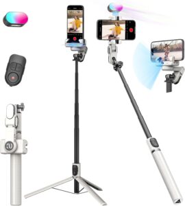 Estabilizzatore per smartphone con barra estensibile di 108 cm e luce integrata, ideale per video stabili e professionali.