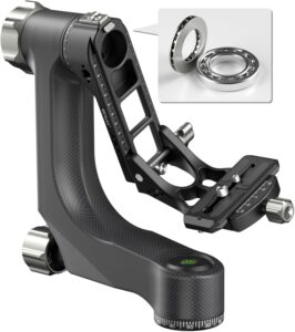 Treppiede professionale con testa gimbal a 360°, ideale per fotocamere DSLR, realizzato in lega di alluminio CNC. 