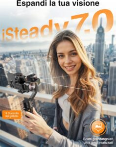 Stabilizzatore Hohem Mobile Plus 2024 per smartphone, ideale per riprese fluide e professionali con face tracking e controllo time-lapse.