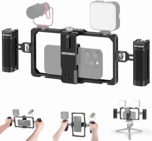 Neewer Kit Vlogging Rig Telefono Aggiornato con doppia maniglia, compatibile con iPhone e Galaxy S23, ideale per vlogging e stabilizzazione video.