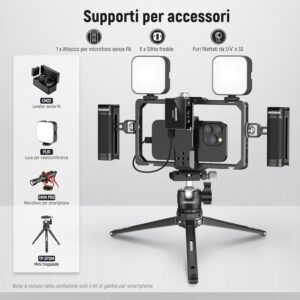 Neewer Kit Vlogging Rig Telefono con doppia maniglia e compatibile con iPhone e Galaxy, ideale per vlogging e riprese stabili.