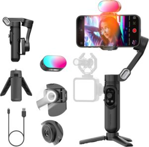 Stabilizzatore cardanico AOCHUAN per smartphone, ideale per video senza vibrazioni, con luce RGB e tracciamento AI.