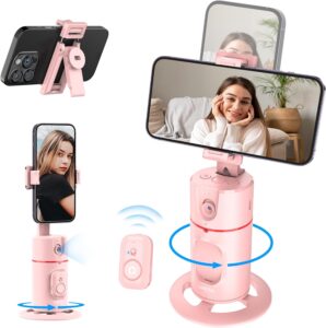 Treppiede automatico del viso 360° per smartphone con telecomando staccabile, ideale per vlog e streaming, in colore rosa