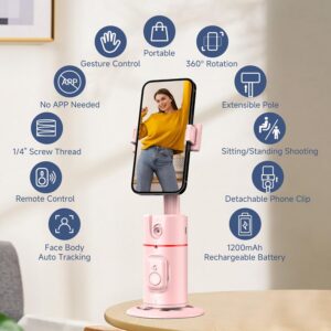 Treppiede automatico del viso 360° per smartphone con telecomando staccabile, ideale per vlog e streaming, in colore rosa