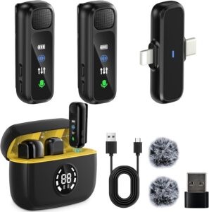 LIUWID Microfono Lavalier Wireless giallo con display digitale, ideale per registrazioni video professionali.