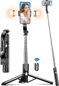 Bastone selfie treppiede estensibile con luce di riempimento e telecomando wireless per smartphone, compatibile con iPhone, Samsung e Huawei.