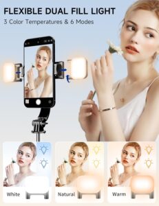 Bastone selfie treppiede estensibile con luce di riempimento e telecomando wireless per smartphone, compatibile con iPhone, Samsung e Huawei.