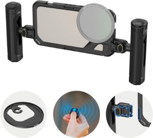 Kit Gabbia SMALLRIG per iPhone 15 Pro Max, con maniglie a sgancio rapido wireless e adattatore per filtro da 67 mm, perfetto per le riprese video mobili.