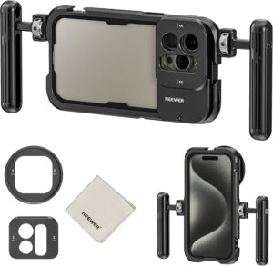 Neewer 15 Pro Max Gabbia Video per iPhone con doppia maniglia e adattatore per filtri, ideale per stabilizzare i video con il tuo smartphone.