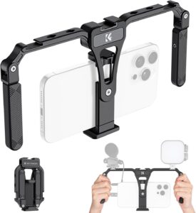 K&F Concept Video Rig compatibile con iPhone 15 e Android, perfetto per vlogging e riprese video professionali.